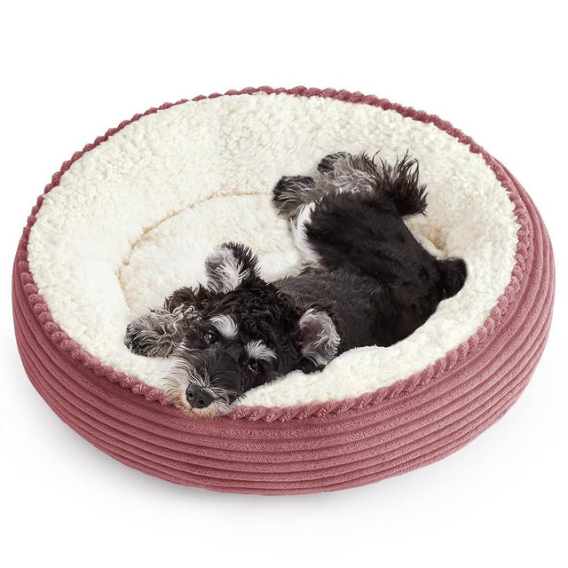 Love's cabin Round Donut Cat and Dog Cushion Bed, 25in Pet Bed for Small or Medium Dogs, Anti-Slip & Water-Resistant Bottom, Soft Durable Fabric Pet Beds, Washable Calming Cat Bed Dusty Rose Stripe