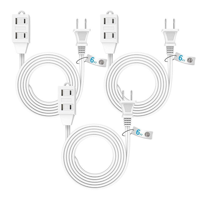 TiFFCOFiO Indoor Extension Cord, 2 Prong Extension Cord with 3 Polarized Outlets, 6 Feet, 3 Packs