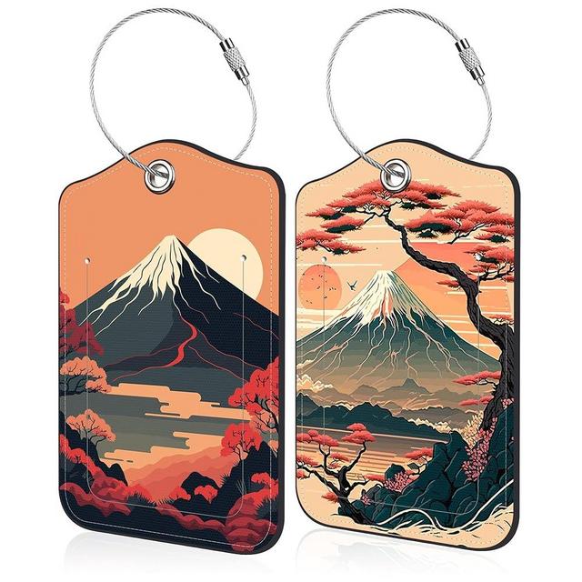 2 Pack Luggage Tag for Suitcase Japanese Mount Fuji and Sea Leather Travel Cruise Luggage Tag with Stainless Steel Loop Name ID Label Privacy Cover for Adults Teens Travel Bag Labels Set
