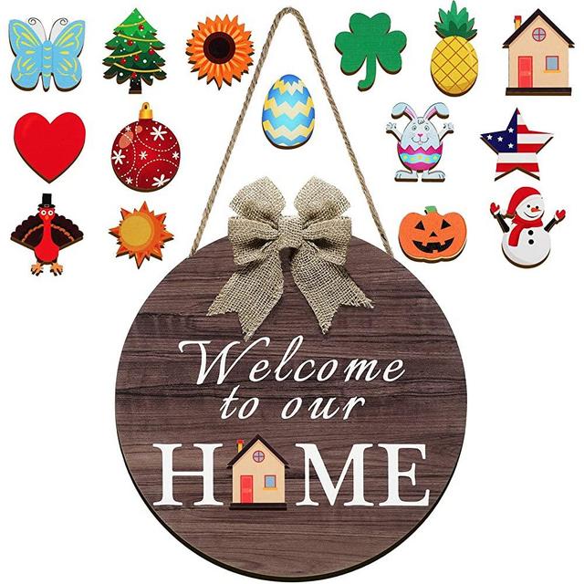 Wooden Seasonal Welcome Door Sign Interchangeable Welcome to Our Home Round Wood Hanging Front Door Sign with Burlap Bow with 14 Seasonal Ornament for Independence Day Holiday Porch (Brown)