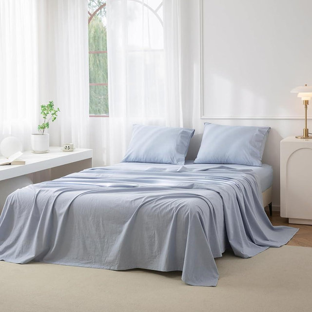 JIYUAN 100% Washed Cotton Sheet Set Comfy Simple Style Soft Breathable Textured Durable Linen Feel Bedding for All Seasons Queen Size,Solid Light Blue