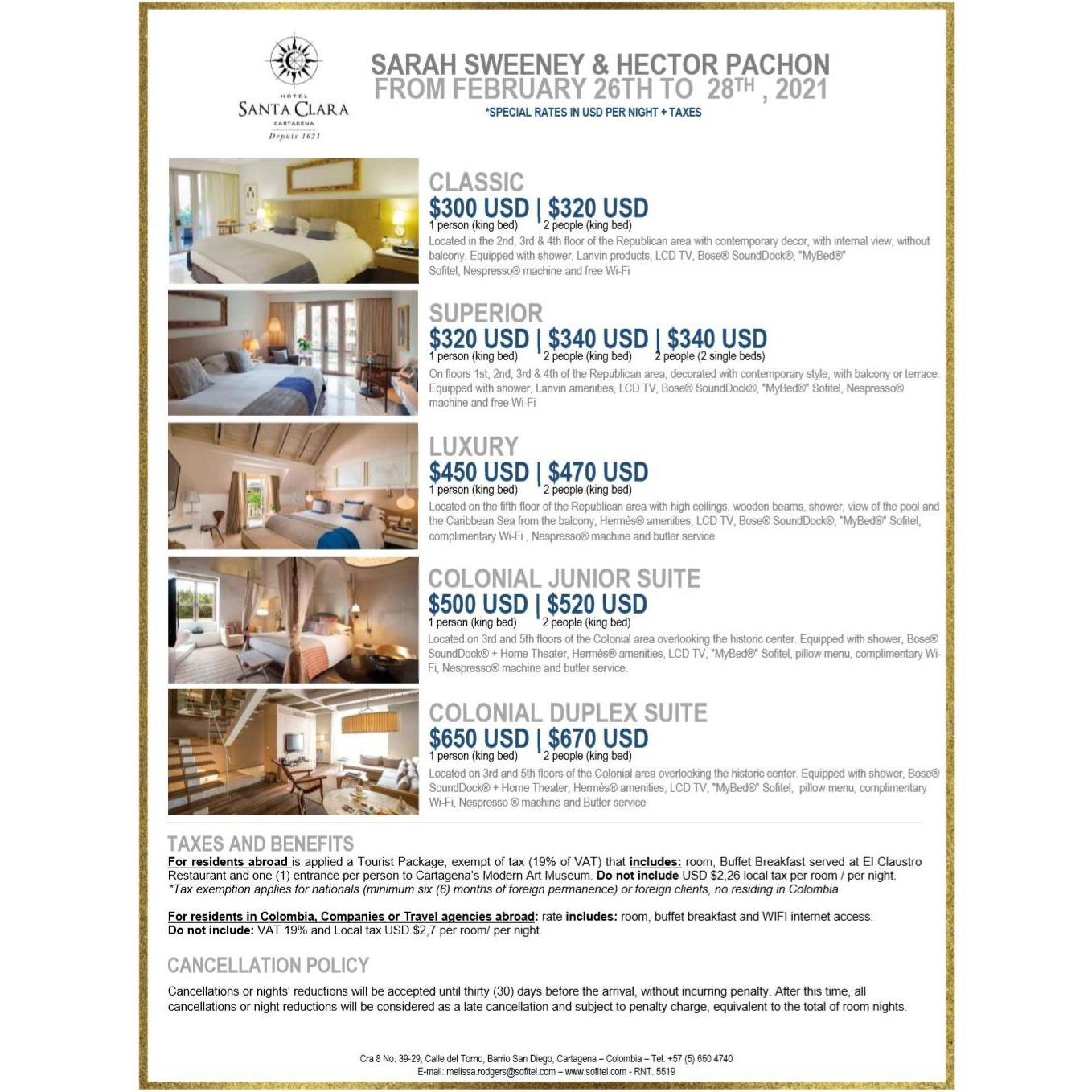 These are the special rates offered to our guests at the hotel where the reception will be held.