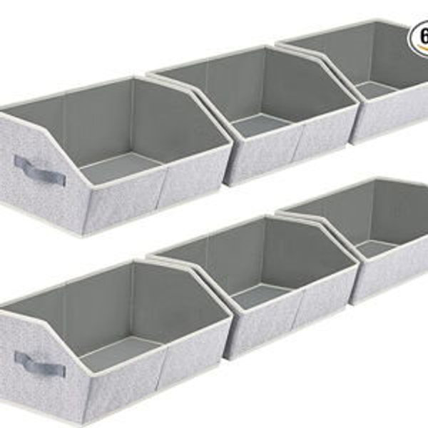 ( BLENDED )Closet Organizers Bins 6 Packs - Large Closet Shelf Organizer with Handles, Fabric Trapezoid Storage Bins, Collapsible Storage Cubes for Clothes, Towels, Light Gray
