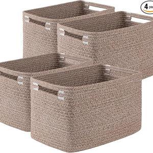 Storage Baskets for Organizing, Woven Decorative Baskets for Shelves - Books, Towels, and Clothes, Cotton Rope Toy Storage Bins, 12.7''Lx9''Wx7.8''H, Pack of 4, Linen Brown