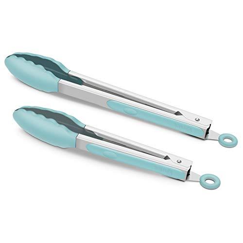 9-Inch & 12-Inch Cooking Tongs, Premium Silicone Set of 2 BPA Free Non-Stick Stainless Steel BBQ Grilling Locking Food Tong, Blue