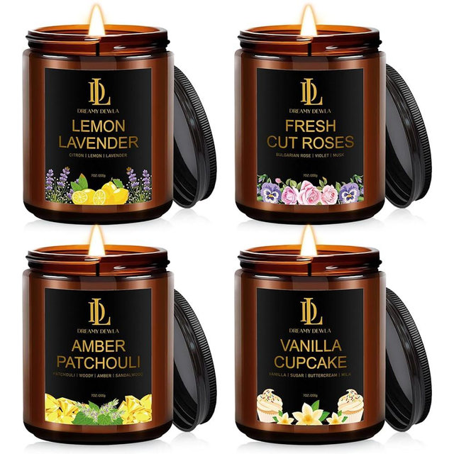 4 Pack Candles for Home Scented, 28 oz Soy Aromatherapy Candle Set, Mother's Day Candle Gifts for Women, Scents of Fresh Cut Roses/Lemon Lavender/Vanilla Cupcake/Amber Patchouli