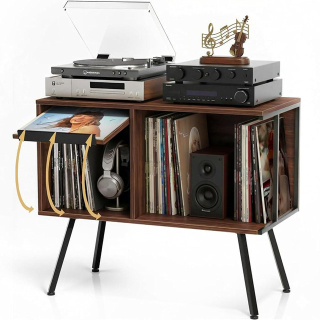 Faesun Flip Top Record Player Stand, Large Turntable Stand Holds up to 150+ Albums, Vintage Mid Century Record Player Table, Stereo Cabinet with Open Storage, for Living Room, Bedroom, Walnut