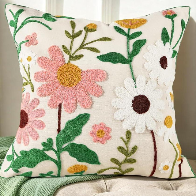 Kokaaee Embroidered Throw Pillow Cover - 18x18 Decorative Pillow Cover with Zipper Aesthetic Cute Design Boho Spring Summer Cozy Throw Pillowcase for Living Room Couch Sofa Bed, Pink White Flower
