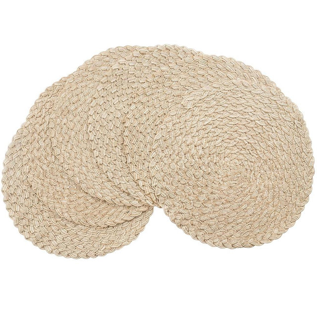 Floroom 15 Inch Round Braided Placemats Set of 6, Washable Heat Resistant Cotton Polyester Circle Boho Place Mats for Kitchen Dining Table - Dunes Khaki