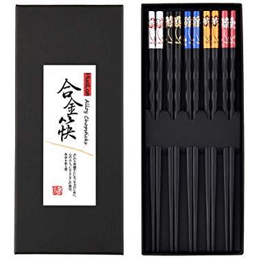HuaLan Fiberglass Alloy Chopsticks Series - Japanese Non-slip Luxury Reusable Chopsticks Family Use 5 Pairs Gift Set