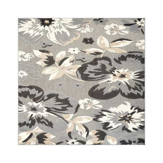 World Rug Gallery Bergamo Contemporary Floral Indoor/Outdoor Area Rug - Gray - 6'6"x6'6": Weather-Resistant, Low Cut Pile