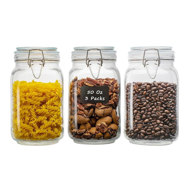 LOOIOOJ 50oz Square Glass Food Storage Jars with Airtight Clamp Lids, 3 Pack Large Kitchen Canisters for Flour, Cereal, Coffee, Pasta and Canning, Mason Jar (Clear 50oz Square - 3 sets)