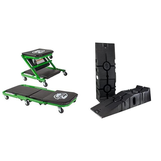 Pro-LifT C-2036DG Black/Green 300 Lbs Mechanic Creeper & FloTool 11909ABMI RhinoRamps Vehicle Ramp - Pair (12,000lb. GVW Capacity)