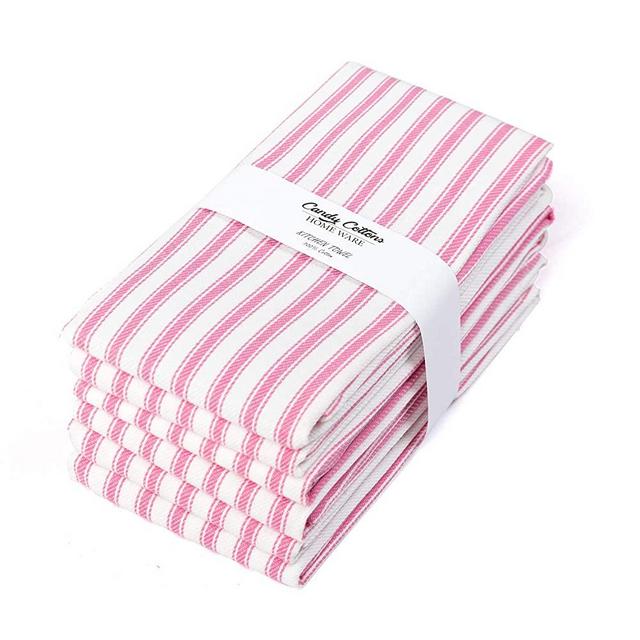 Candy Cotton  Set of 6 Premium Kitchen Towels Highly Absorbent 100% Cotton Dish Towel | Ring-Spun Cotton | French Stripes | Bar Towels & Tea Towels | 18x28 | Pink