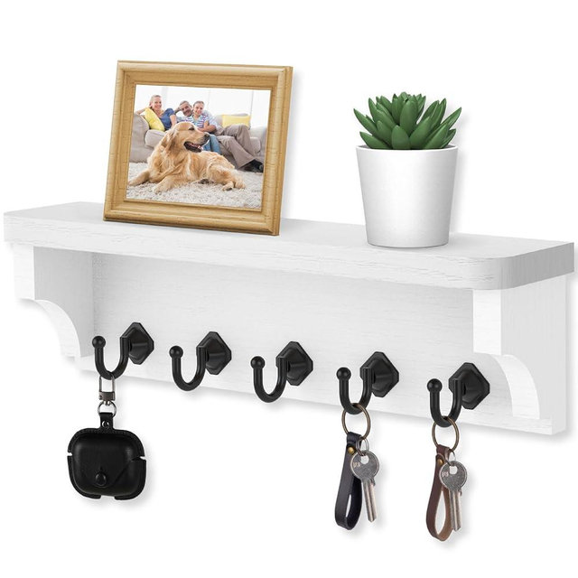 Nekon Key Holder for Wall, 11.8" W x 3.5" H x 2.8" D Decorative Key Organizer with Floating Shelf, Wall Mount Key Rack with 5 Hooks (Rustic White)