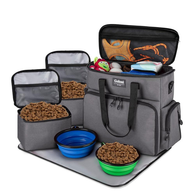 Goloni Airline Approved Dog Travel Bag for Pet Accessories Large Capacity, with 2 Collapsible Dog Bowls,2 Dog Food Container,1 Placemat(Light Grey)