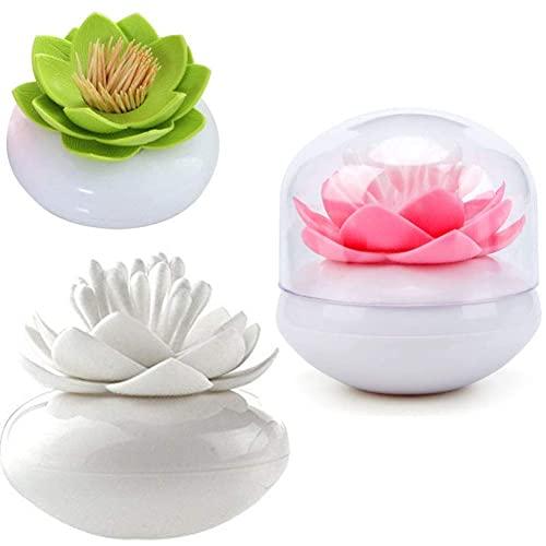 HomDSim 3 PACK Lotus Cotton Swab Holder,Cotton Bud Small Q-tips Toothpicks Brushes Holder Box Case Storage Organizer Jar with Clear Lid Dustproof Cover Green Pink White