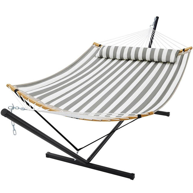 SUPERJARE Curved-Bar Hammock with Stand, 2 Person Heavy Duty Hammock Frame, Detachable Pillow & Portable Carrying Bag, Perfect for Outdoor & Indoor, Black and White Stripe