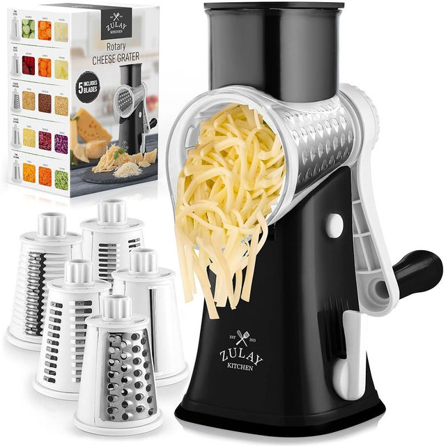 Zulay Rotary Cheese Grater 5 Blade Cheese Shredder - Manual Hand Crank Cheese Grater With Reinforced Suction & 5 Interchangeable Drums - Easy to Use Vegetable Chopper - Ivory Onyx