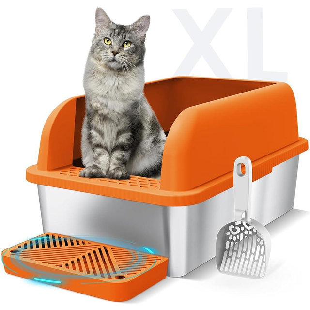 Enclosed Stainless Steel Litter Box with Lid Extra Large Litter Box for Big Cats XL Metal Litter Box, Litter Pan Tray with High Sides Enclosure, Anti-Leakage, Easy Cleaning (Orange)