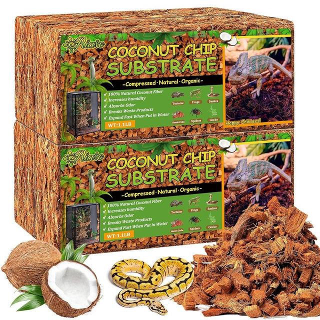 Riare 4 Pack Natural Coconut Chip Substrate for Reptiles- Compressed Coconut Husk Reptiles Bedding, Coco Husk Chip Terrarium Substrate for Snakes, Tortoises, Ball Python, Frogs, Bearded Dragon, Lizard