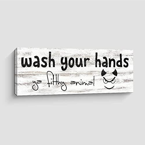 Pigort Funny Bathroom Signs - Wash Your Hands Ya Filthy Animal - Farmhouse Style Decor - Retro Artwork (6x17 inch,White)