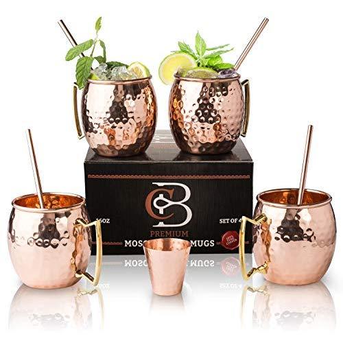 Moscow Mule Copper Mugs - Set of 4 - 100% HANDCRAFTED Pure Solid Copper Mugs - 16 Oz Gift Set with Highest Quality Cocktail Copper Straws, Copper Shot Glass & 2 E-Books by Copper-Bar
