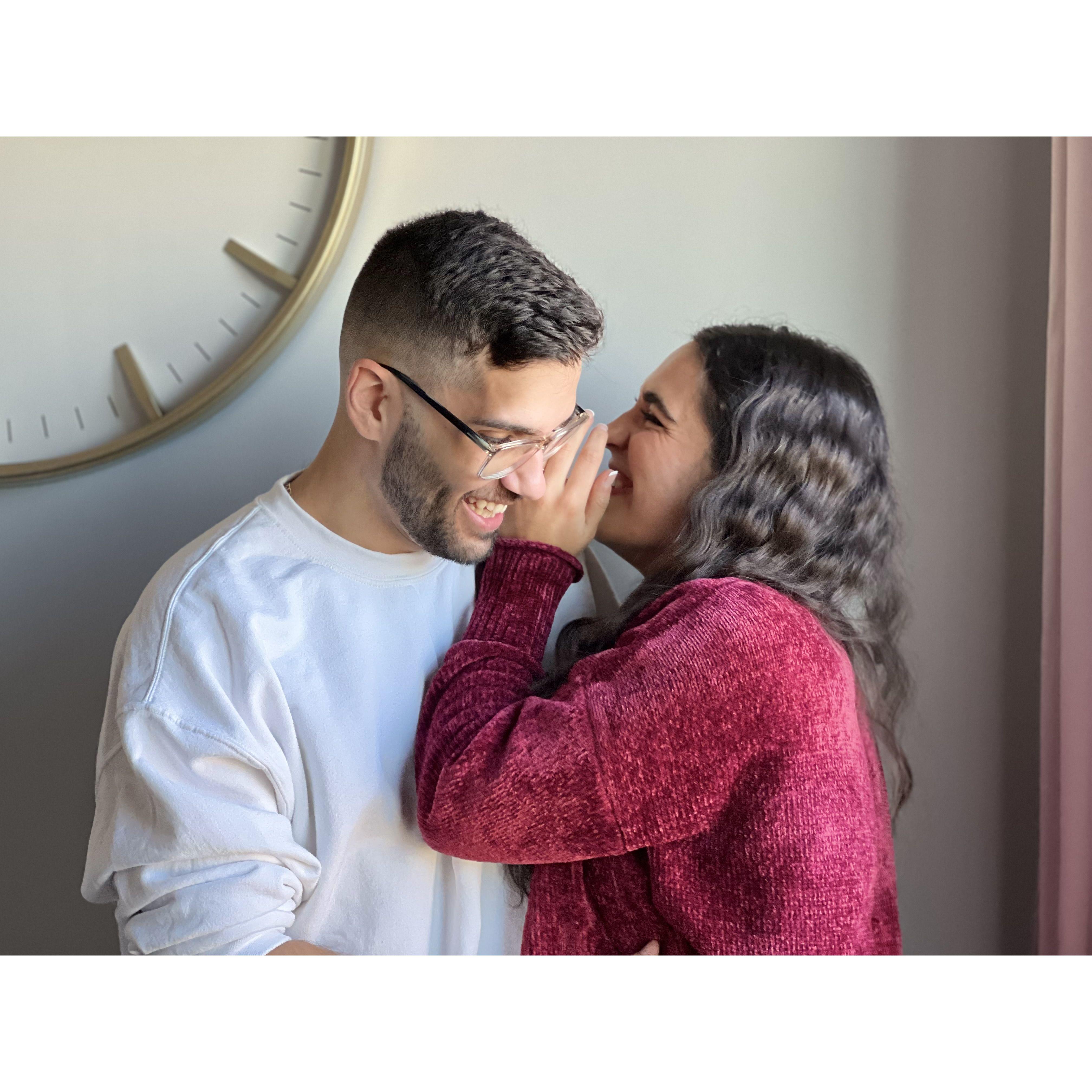 Our impromtu engagement photo shoot in our office. I have to show you the TikTok I was telling Nick about in this pic.