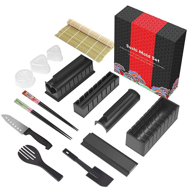 HI NINGER Sushi Making Kit Deluxe Edition Complete Sushi Maker Kit 17PCS Home Sushi Mold Press with Sushi Rice Roll Mold Shapes ,Fork,Spatula , Sushi Knife, Sushi Rolling Mat , Chopsticks