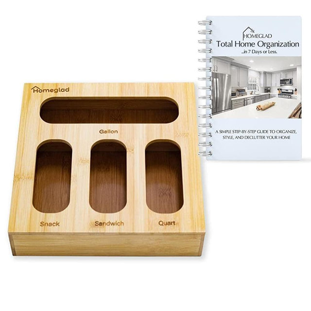 HOMEGLAD Ziplock Bag Organizer for Drawer - Bamboo Kitchen Drawer Organizer with Magnetic Cover for Gallon, Quart, Sandwich, and Snack Plastic Baggies