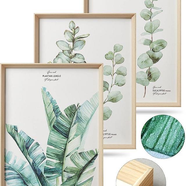 HesenDot Wall Art for Living Room,Framed Wall Art,Green Wall Decor,Minimalist Canvas Botanical Wall Art Decor,16x12in Plant Wood High-Framed Design Flower Green Eucalyptus Leaf Artworks Prints Poster for Bathroom,Bedroom,Office Set of 3