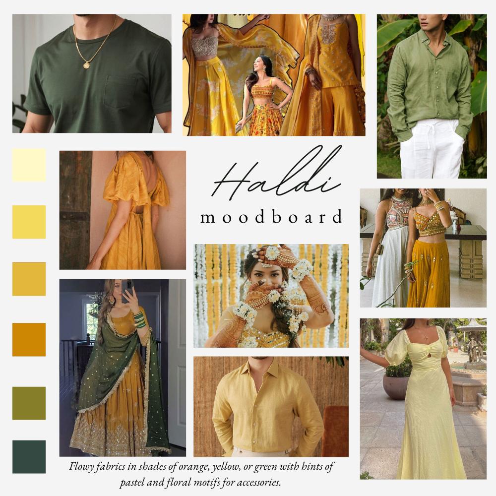 Flowy fabrics in shades of orange, yellow, or green with hints of pastel and floral motifs for accessories.