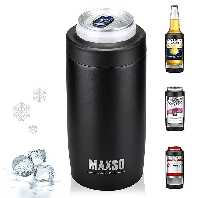 Maxso Slim Can Cooler, 4-in-1 Double Walled Stainless Steel Insulated Beer Can Holder, Works With All 12 Oz Cans,Bottles & As A Pint Cups | Matte Black