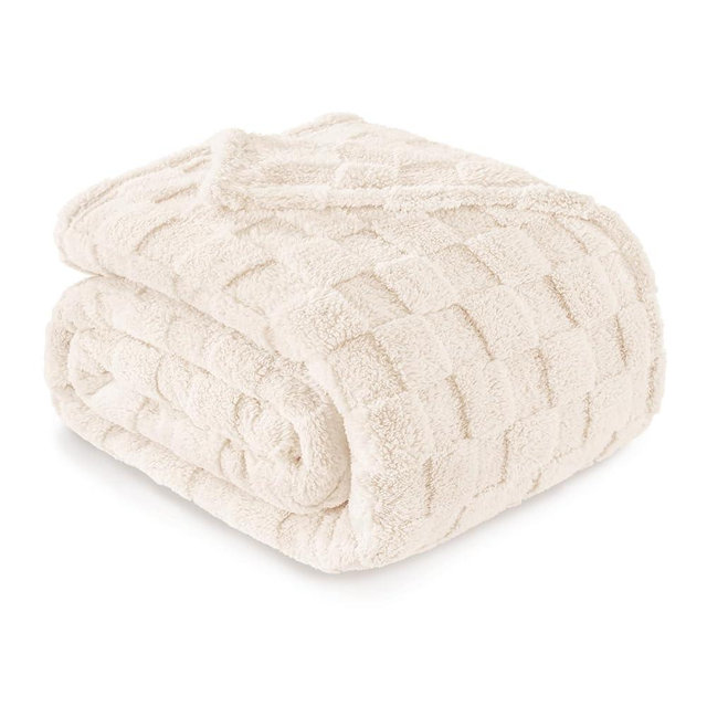 Exclusivo Mezcla Queen Size Flannel Fleece Blanket, Super Soft and Warm Lightweight Checkered Pattern Blankets for All Seasons, 90x90 Inches, Ivory