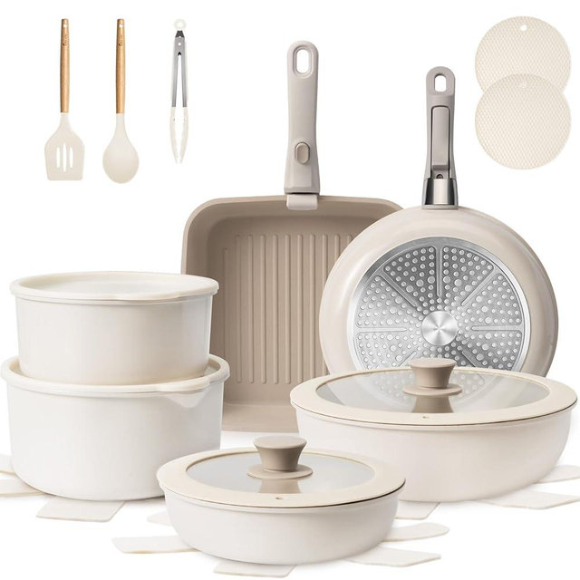 KIKCOIN 22 Pcs Pots and Pans Set Non Stick, Detachable Handle Cookware Sets Nonstick, Non Toxic Induction RV Kitchen Cooking Set with Removable Handles, Dishwasher/Oven Safe (Beige/Taupe)