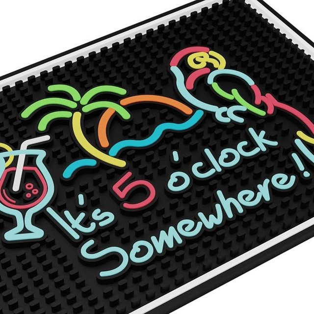 It's 5 O'Clock Somewhere Sign Rubber Bar Mats for Bartending 18x12 in, Bar Mats for Countertop Tiki Decor, Tiki and Outdoor Accessories, Aloha & Luau Party Decorations and Hawaiian Party Decorations