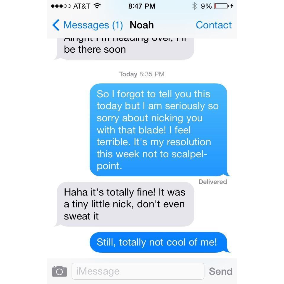When Maddie accidentally cut Noah during anatomy dissection...and Noah turns it into a flirtatious move...September 2014