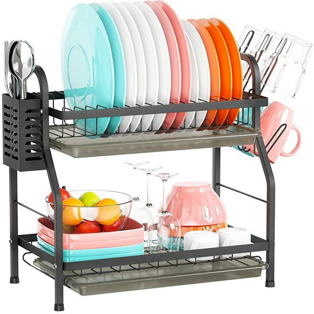 Dish Drying Rack Rust-Resistant - Cambond 2 Tier Dish Rack with Drainboard Set Utensil Holder, Cup Glass Holder, Dish Drainer for Kitchen Counter Dish Dryer Rack, Black