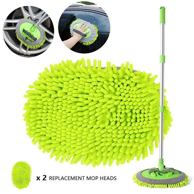 2 in 1 Chenille Microfiber Car Wash Brush Kits Mop Mitt with 45" Long Handle (Aluminum Alloy), Car Cleaning Kit Supplies Brush Duster, Scratch Free Cleaning Tool for Washing Truck, Car, RV (Green)