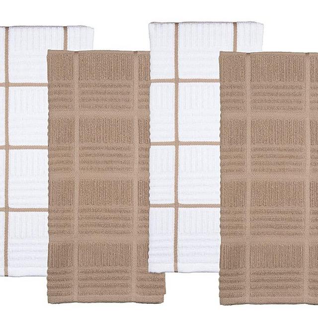 Sticky Toffee Cotton Terry Kitchen Dish Towel, 4 Pack, 28 in x 16 in, Tan Check
