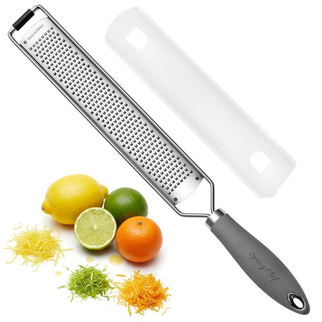 Spring Chef Stainless Steel Lemon Zester Grater with Handle - Garlic, Cheese, Parmesan, Nutmeg, Lime, Ginger Grater - Heavy Duty Kitchen Tool - Citrus Zester with Blade Cover - Fine Shred - Gray