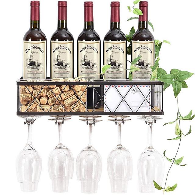 TOOLF Wall Mounted Wine Rack -Metal Bottle & Glass Holder with Hanging Stemware Glasses Set, Cork Storage - Store Red, White, Champagne, Home Kitchen Decor