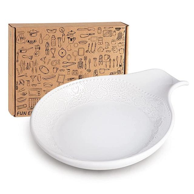 FUN ELEMENTS Spoon Rest, Ceramic Lace Emboss Spoon Holder for Cooking & Counter Protection (Bright White, 1)