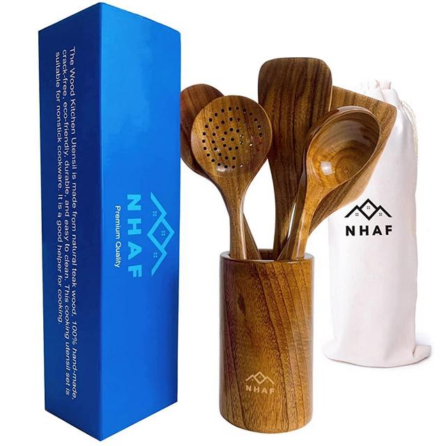 Kitchen Utensils set, NHAF Premium Teak Wooden Cooking Spoons with Storage Wooden Barrel- Nonstick Wood Cooking Utensils - Durable Eco-Friendly Kitchen Utensils Healthy Cooking Utensils