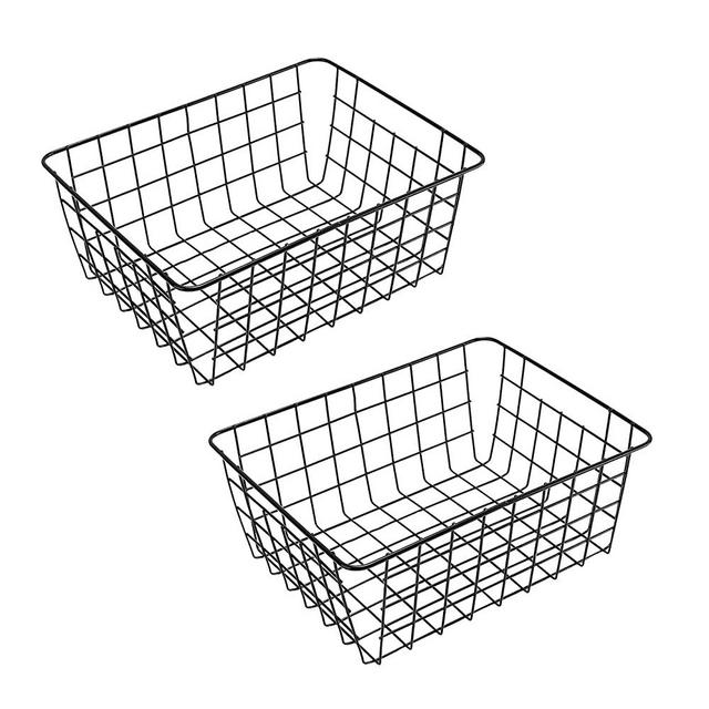 Wire Storage Basket 2 Pack Metal Organizer for Farmhouse Bathroom, Laundry, Pantry [11.18 x 14 x 5.63"] Black