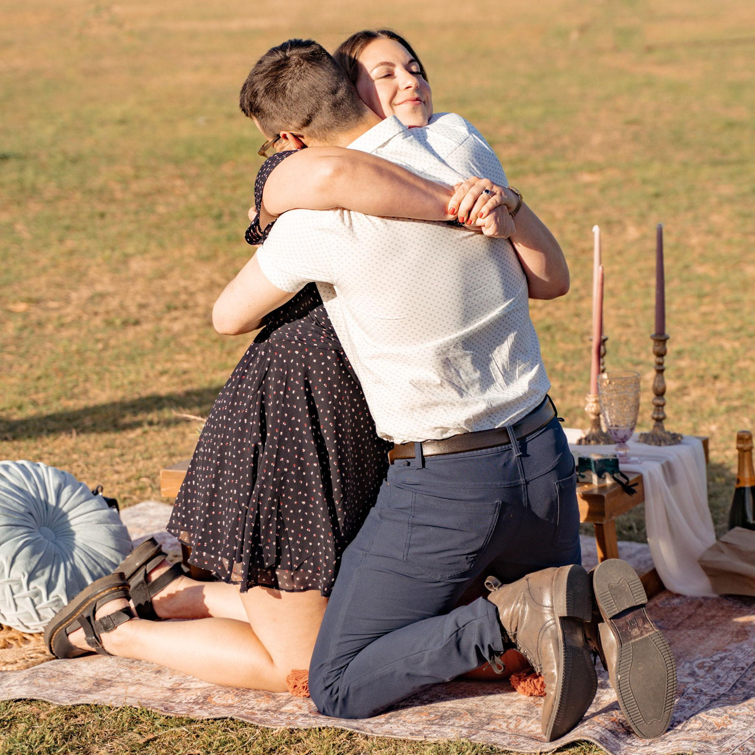 Jake's proposal in a park in Austin, TX in April of 2022