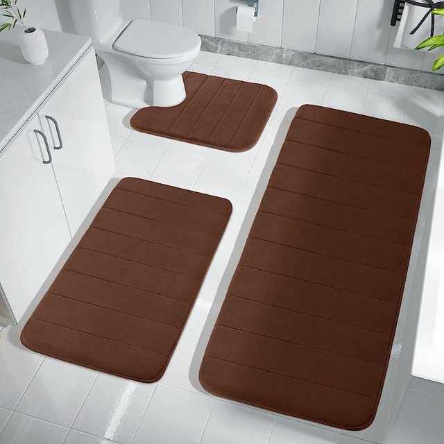 Yimobra 3 Pieces Memory Foam Bath Mat Sets, 44.1x24 + 31.5x19.8 and U-Shaped for Bathroom Rugs, Toilet Mats, Non-Slip, Soft Comfortable, Water Absorption, Machine Washable, Brown