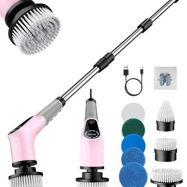 Dovety Electric Spin Scrubber, Cordless Cleaning Brush, Shower Scrubber with 8 Replaceable Brush Head, Power Cleaning Brush with Extension Handle, 2 Adjustable Speed, for Bathtub Grout Tile Floor