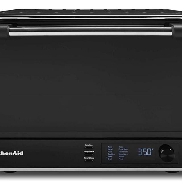 KitchenAid KCO255BM Dual Convection Countertop Toaster Oven, 12 preset cooking functions to roast, bake, fry meals, desserts, grill rack, baking pan, Digital display, non-stick interior, Matte Black
