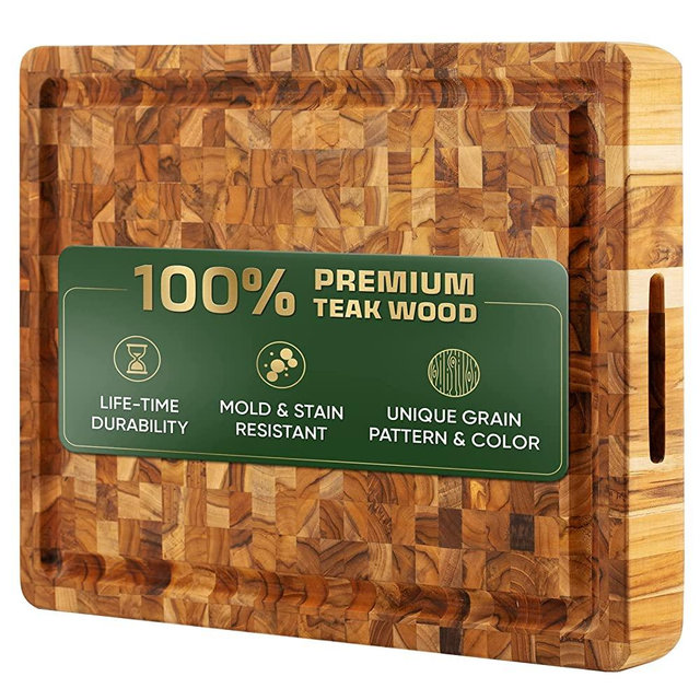 Yes4All Large Teak Cutting Board for Kitchen,[1.5" thick], End Grain Butcher Block Cutting Boards w/Juice Groove and Built-in Handles, [20''L x 15''W]